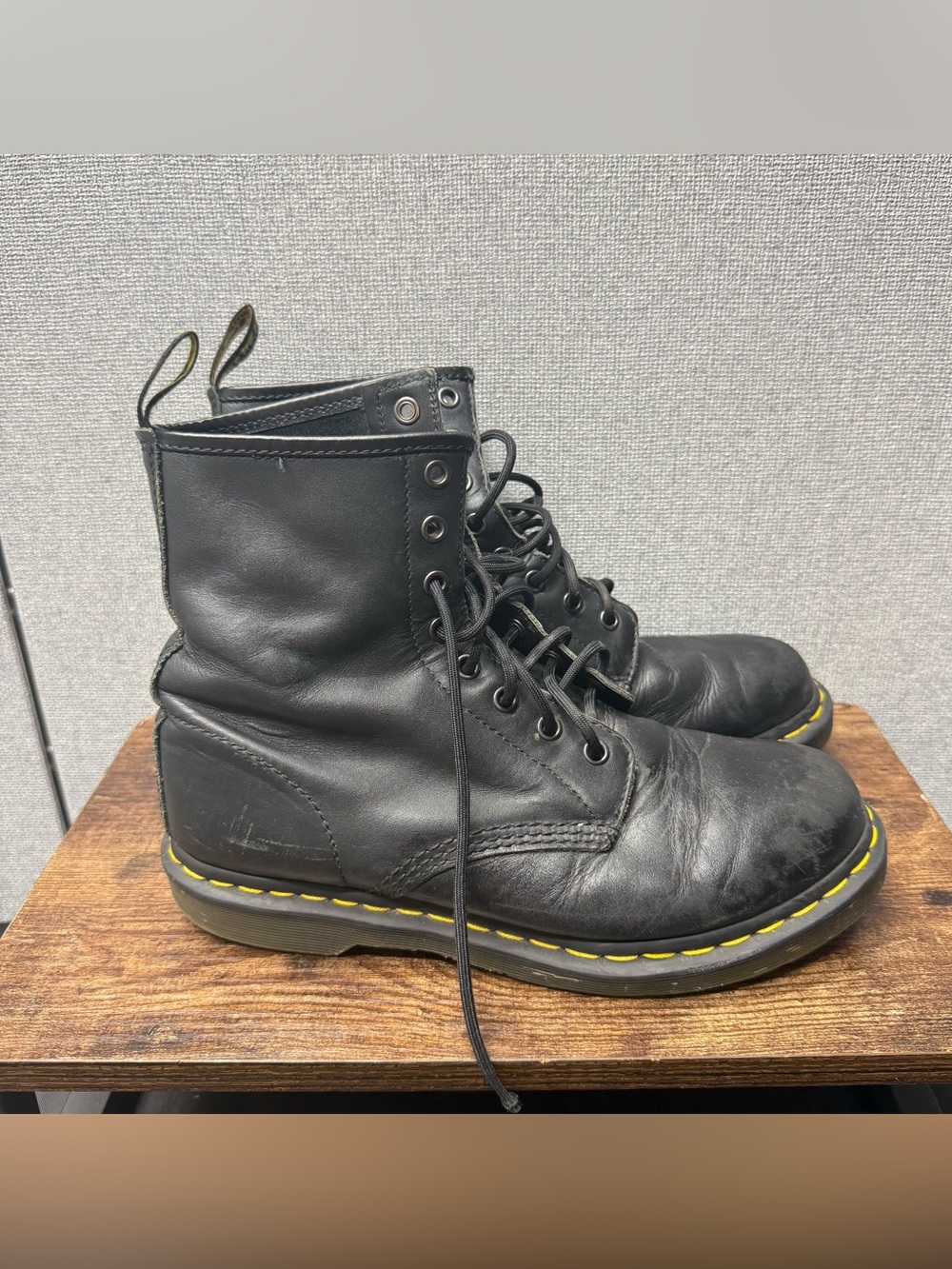 Dr. Martens  Black Leather Lace-Up Womens Boots with Yellow Stitching